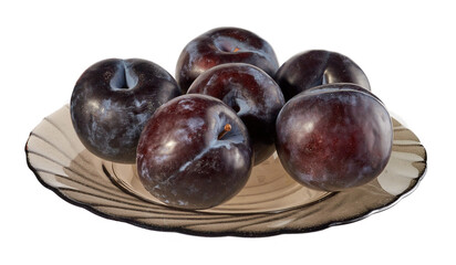 blue plums in a dark dish, isolated on a white background.