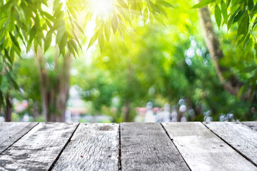 Selective focus of empty old wood on blur nature blur park with bokeh background.