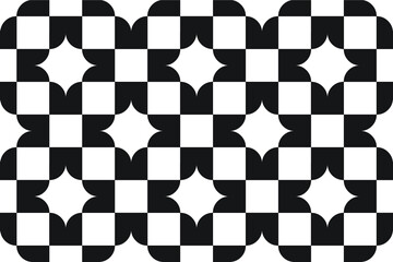 Simple black and white checkered repeating pattern with a star shape, vector illustration
