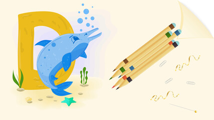 illustration layout banner of the English alphabet for learning the alphabet letter D Dolphin on a sheet of paper with colored pencils
