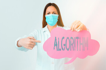 Conceptual hand writing showing Algorithm. Concept meaning a method or set of rules for calculations or other problem solving Laboratory technician featuring paper accessories smartphone