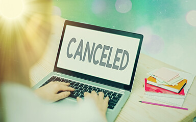 Conceptual hand writing showing Canceled. Concept meaning to decide not to conduct or perform...