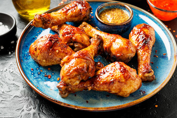 Roasted spicy chicken legs with mustard and chili sauce.