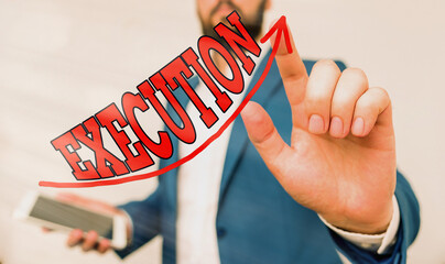 Writing note showing Execution. Business concept for it executes or imposes a program order or...