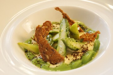 Asparagus, scrambles eggs creamy. Gourmet photo for art decoration and blog story.