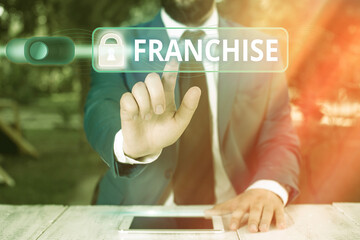 Writing note showing Franchise. Business concept for an authorization granted to an individual or...