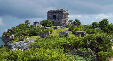 Ancient civilization. The God of Winds Maya temple ruin of Tulum along the Caribbean Sea, Quintana Roo, Yucatan, Mexico.
