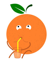 orange drinks orange juice through a straw from a glass. Summer vacation at sea. Vector in cartoon style