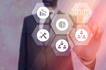 Text sign showing Inspiration. Business photo text process of being mentally encouraged to do...