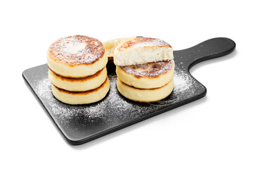 Cottage cheese fritters or syrniki . Tasty dessert or sweet breakfast. Russian, Ukrainian cuisine food. isolated on white background	