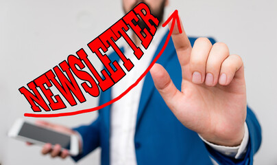 Writing note showing Newsletter. Business concept for the bulletin was given to members of a...