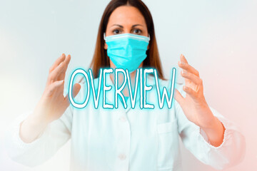 Text sign showing Overview. Business photo showcasing description of facts findings and objectives...