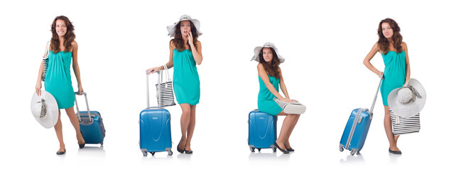 Girl with suitcases isolated on white