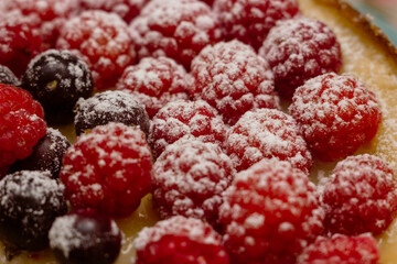 Homemade Cheesecake with Fresh Raspberries and Currants - Healthy Organic Summer Dessert Cheesecake Pie. Vanilla Cheese Cake with Wild Berry