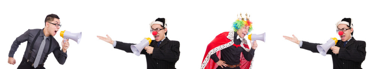 Businessman clown with loudspeaker on white