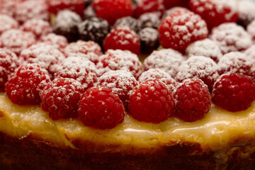 Homemade Cheesecake with Fresh Raspberries and Currants - Healthy Organic Summer Dessert Cheesecake Pie. Vanilla Cheese Cake with Wild Berry