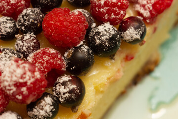 Homemade Cheesecake with Fresh Raspberries and Currants - Healthy Organic Summer Dessert Cheesecake Pie. Vanilla Cheese Cake with Wild Berry