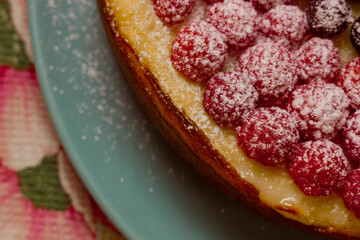 Homemade Cheesecake with Fresh Raspberries and Currants - Healthy Organic Summer Dessert Cheesecake Pie. Vanilla Cheese Cake with Wild Berry