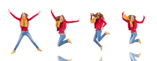 Fototapeta na wymiar Cute smiling girl in red jacket and jeans isolated on white