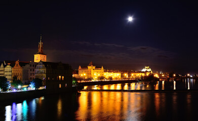 Scenic view of bridges on the Vltava river and historical center of Prague,buildings and landmarks of old town,Prague,Czech Rapublic