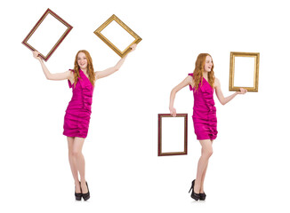 Naklejka premium Woman with picture frame on white