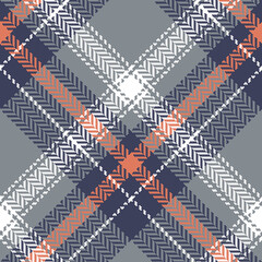 Plaid pattern vector in blue, grey, orange, white. Herringbone seamless check plaid for flannel shirt, skirt, jacket, tablecloth, or other spring, summer, autumn textile print.