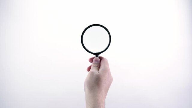Magnifying glass in the hand, easy to mask template for universal concept. Scientist researcher or studies, examination or inspection of the computer encrypted code script. Scanning for bugs
