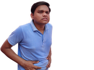 Fototapeta premium Image of young man wearing casual t-shirt touching his belly because of pain isolated over white background.