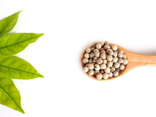 Top view of cereal dried food whole grains with white pepper in wooden scpoon and fresh green leaves