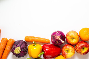 Fresh colorful fruits and vegetables isolated on white background.