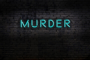 Night view of neon sign on brick wall with inscription murder