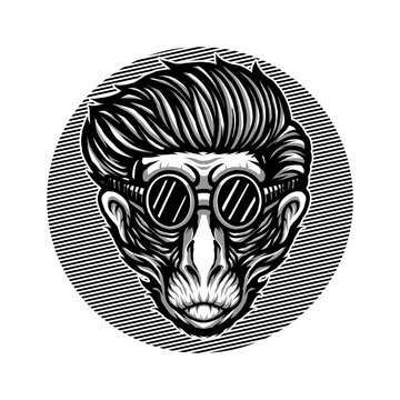 Vector illustration of Awesome Monkey Head with a Smile, Horn, Google Glass and Fur on the Black-White Background. Hand-drawn illustration for mascot esport logo poster t-shirt printing. Vector Logo