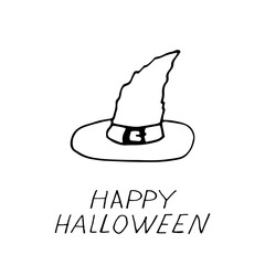 witch hat and lettering happy halloween hand drawn in doodle style. vector, scandinavian, monochrome. Template for design, sticker, card, poster, invitation, party decor