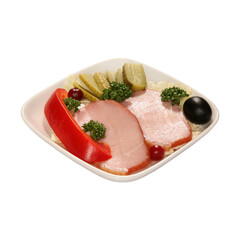 Meat appetizer for first-class cabin passengers on a white background. With clipping path.