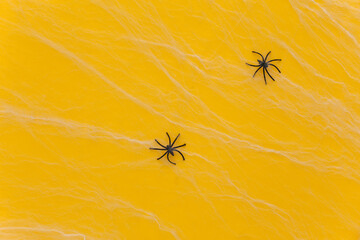 Halloween scary background, decoration. Spiders with spider web on a yellow background. Arachnophobia