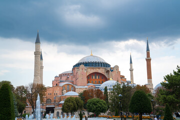 Fototapeta na wymiar The famous Hagia Sophia (Aya Sophia, Aya sofia, Ayasofya) Museum Mosque in Istanbul. View from of Sultan Ahmet park. TURKEY