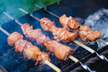 Pork skewers on skewers cooked on charcoal in the grill