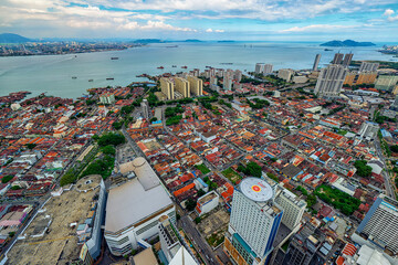 Aeriel shot of the Penang Island against the mainland and the skies.
