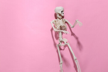 Skeleton on pink bright background. Halloween decoration, scary theme. Flat lay