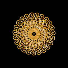 Mandala design on black background with golden color.