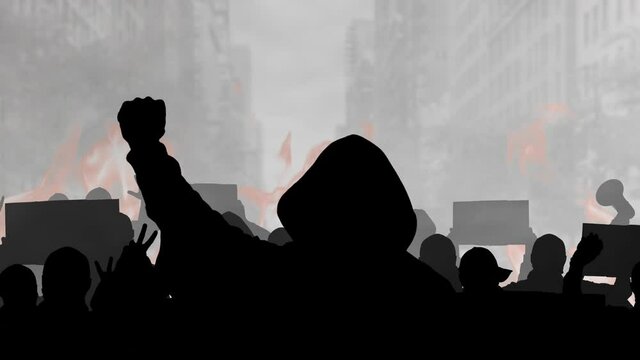 Crowd silhouette protesting on city background with megaphones and fire. Black lives matters concept. Social strike on urban street. Stand up for racism. Stop national discrimination rally flat design