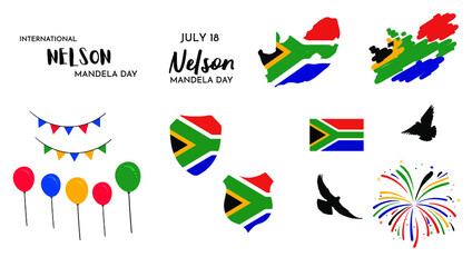 Nelson Mandela Day map birds flag balloon ribbon - obrazy, fototapety, plakaty