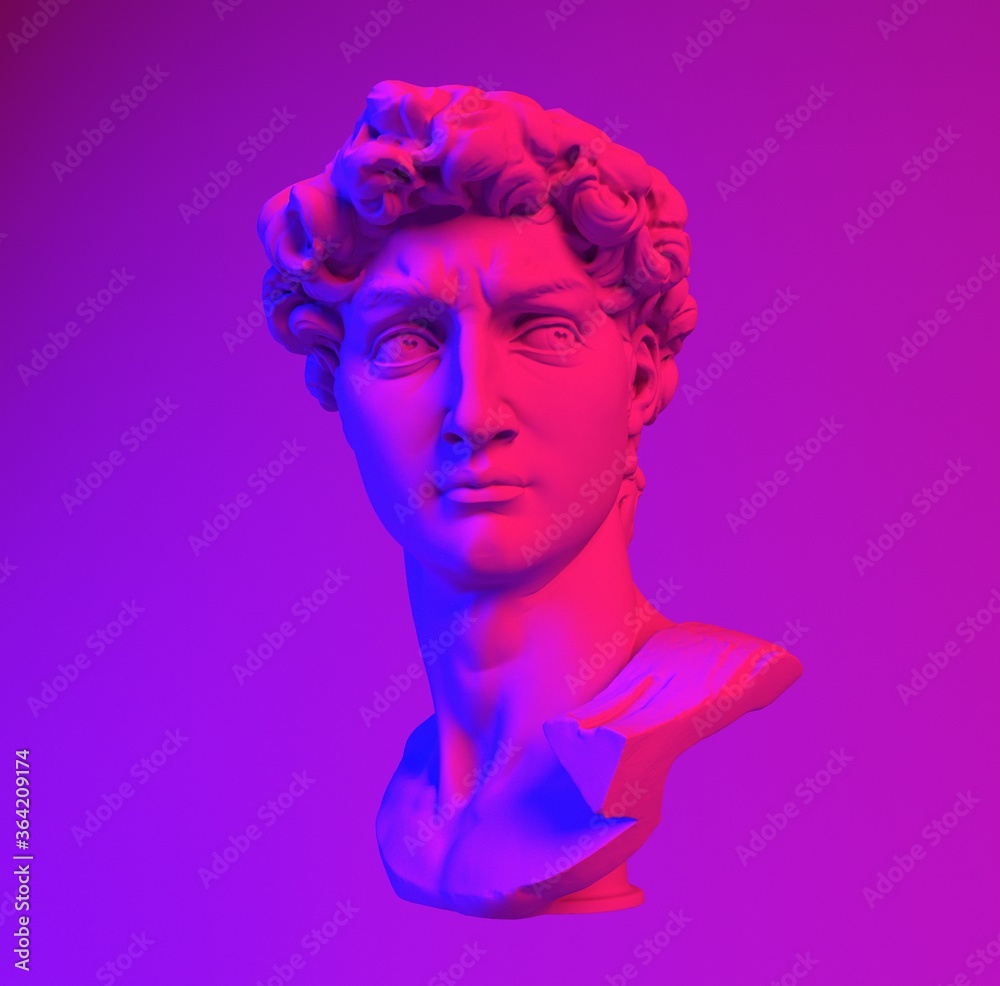 Poster 3D rendering of Michelangelo's David head in neon lightning. Classical sculpture in vaporwave retrofuturistic style.