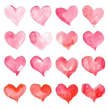 Heart watercolor set for Happy Valentine's day card design. Hand drawn vector illustration.