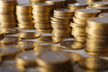 Stacks of Russian 10 rubles coins. Collection of coins.