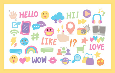 Obraz premium Girly activities and lifestyle icons vector in cute hand drawn style.