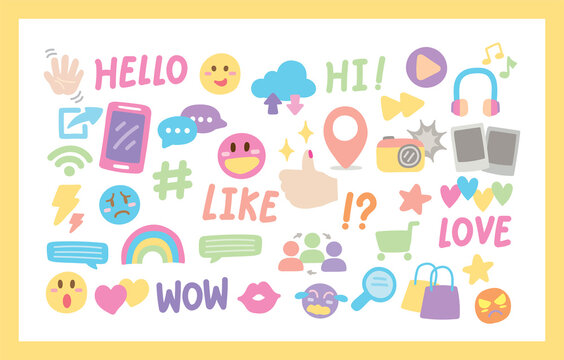 Girly activities and lifestyle icons vector in cute hand drawn style.