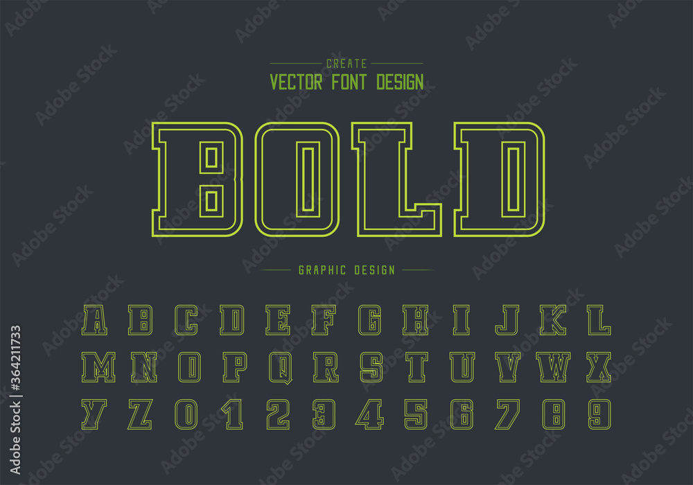 Poster green double line font and bold alphabet vector, script and number design, graphic text on backgroun