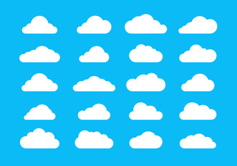 Icons cloud vector, White flat cloudy design on blue background