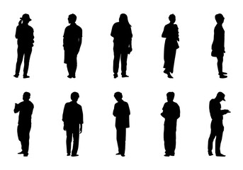 People stand vector set, Silhouette man and women on white background, Shadow different human illustration